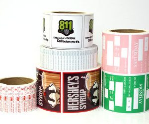 Rolls of custom-printed Square corner Rectangle Labels and Stickers